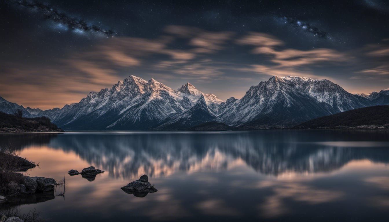 Night Lake Mountain Reflection in Hyperrealistic Style
