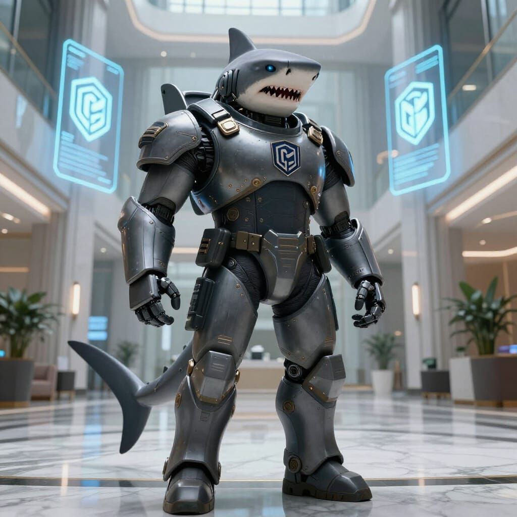 Cybernetic Shark Enforcer in Sci-Fi Tower Lobby