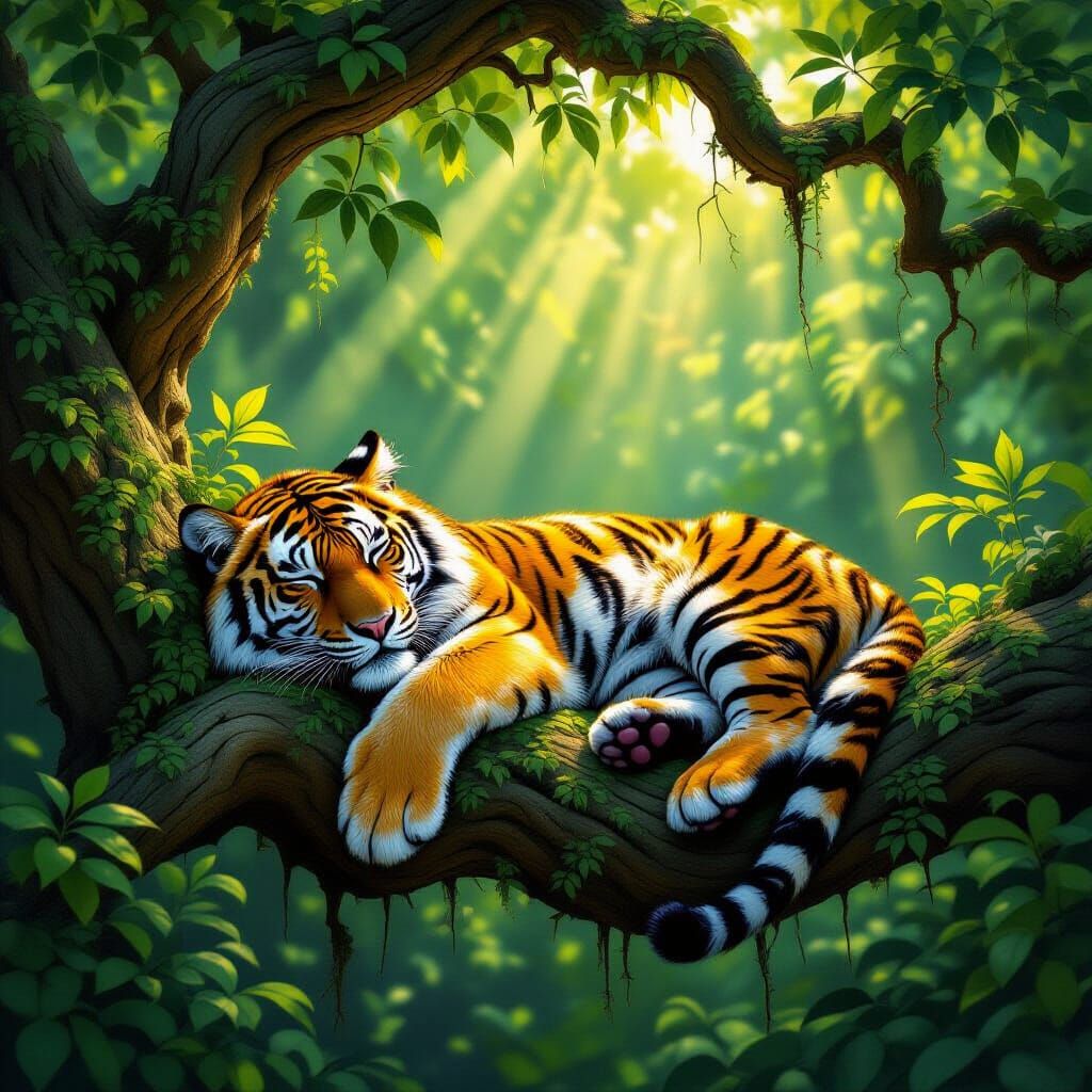 Bengal Tiger Sleeps Peacefully on Gnarled Branch in Digital ...