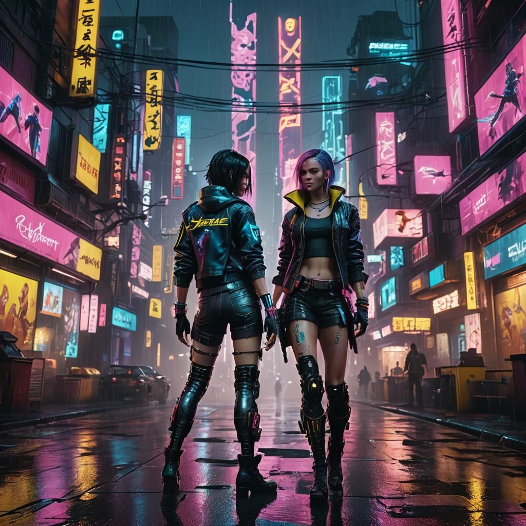 Jinx and Vi in Cyberpunk 2099 Neon City