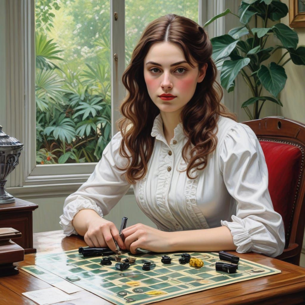 Miss Scarlett with Revolver in a Whimsical Board Game Settin...