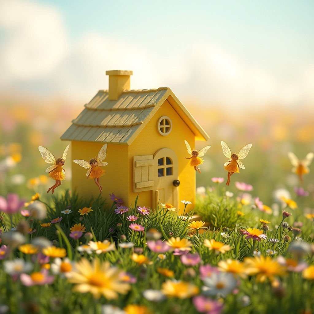 Yellow House with Fairies in Dreamlike Fantasy Art