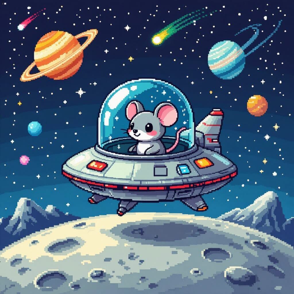 Pixel Cartoon: Chibi Mouse in Alien Spaceship on Moon