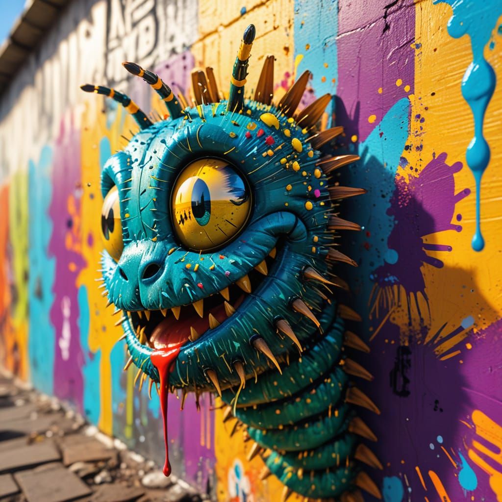 Vibrant Caterpillar Street Art in Urban Graffiti Style