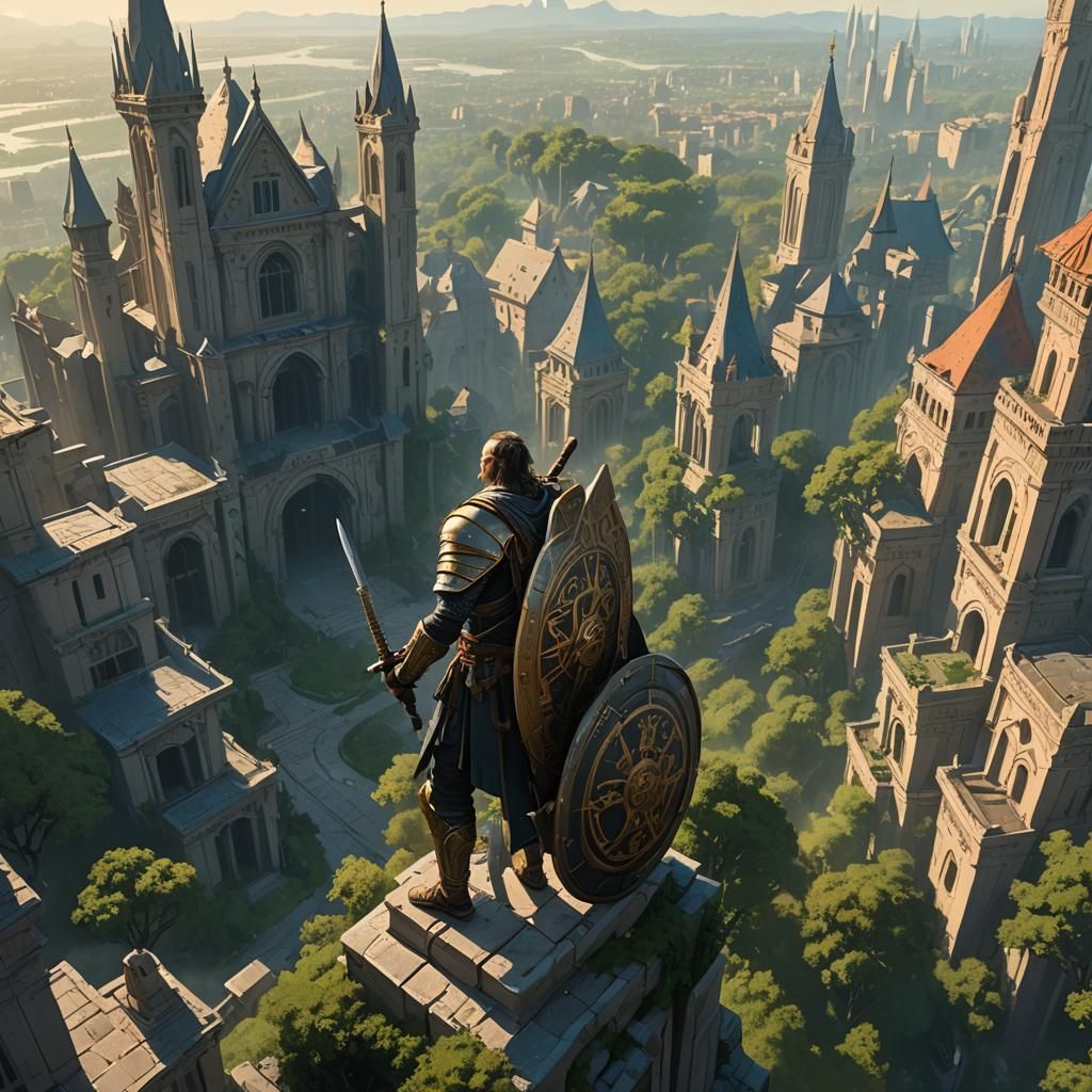 Ancient Warrior in Mystical Cityscape