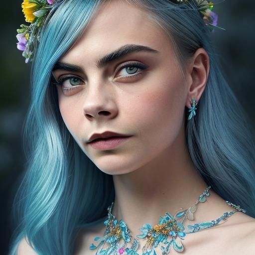 Blue-Haired Woman with Floral Crown and Birds