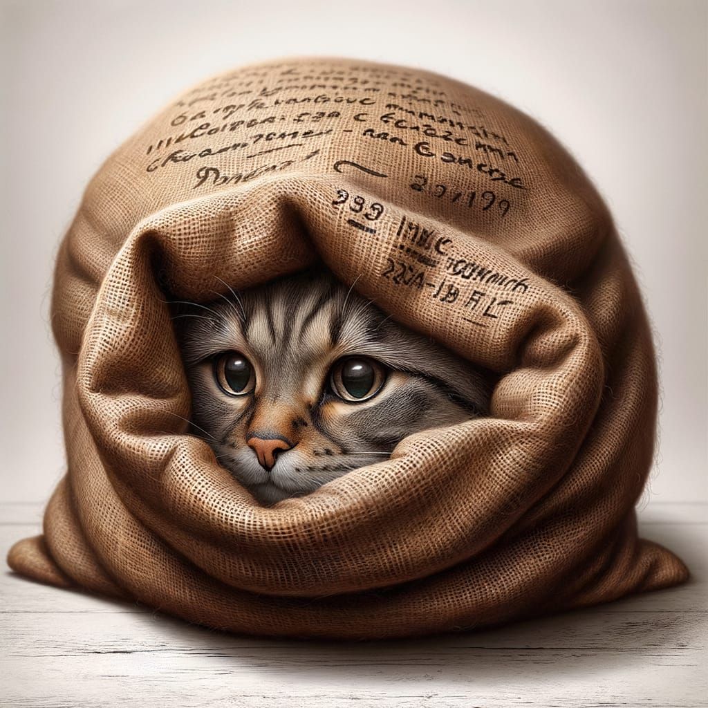 Photorealistic Cat Hidden Inside Inscribed Sack