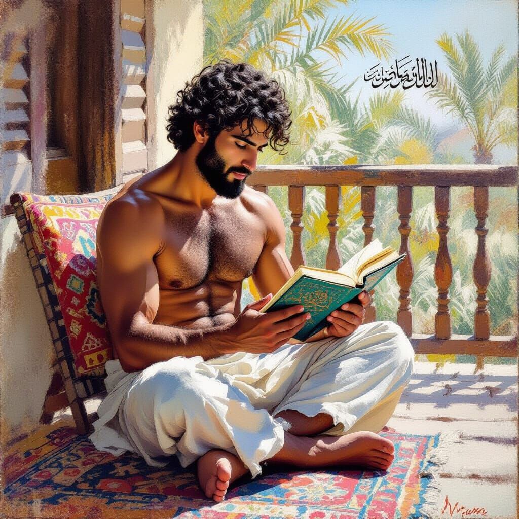 Arabian Man Reading Quran on Cabin Porch