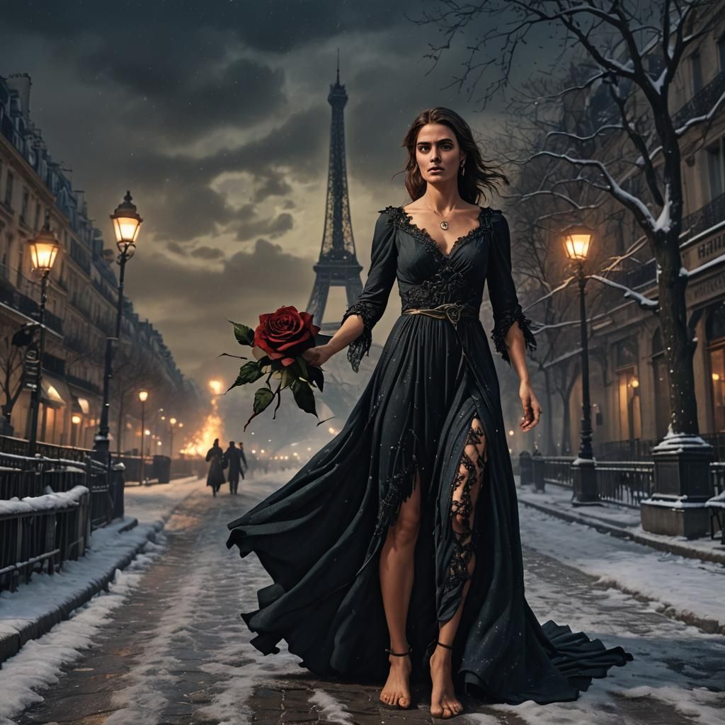 Angry Woman with Rose in Winter Paris