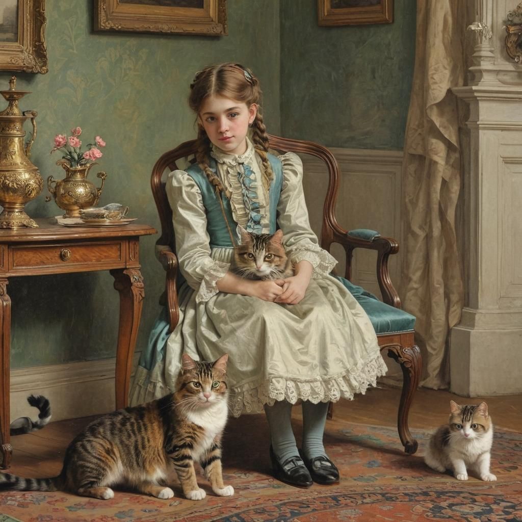 Victorian Girl and Cat in Vivid Impressionistic Style