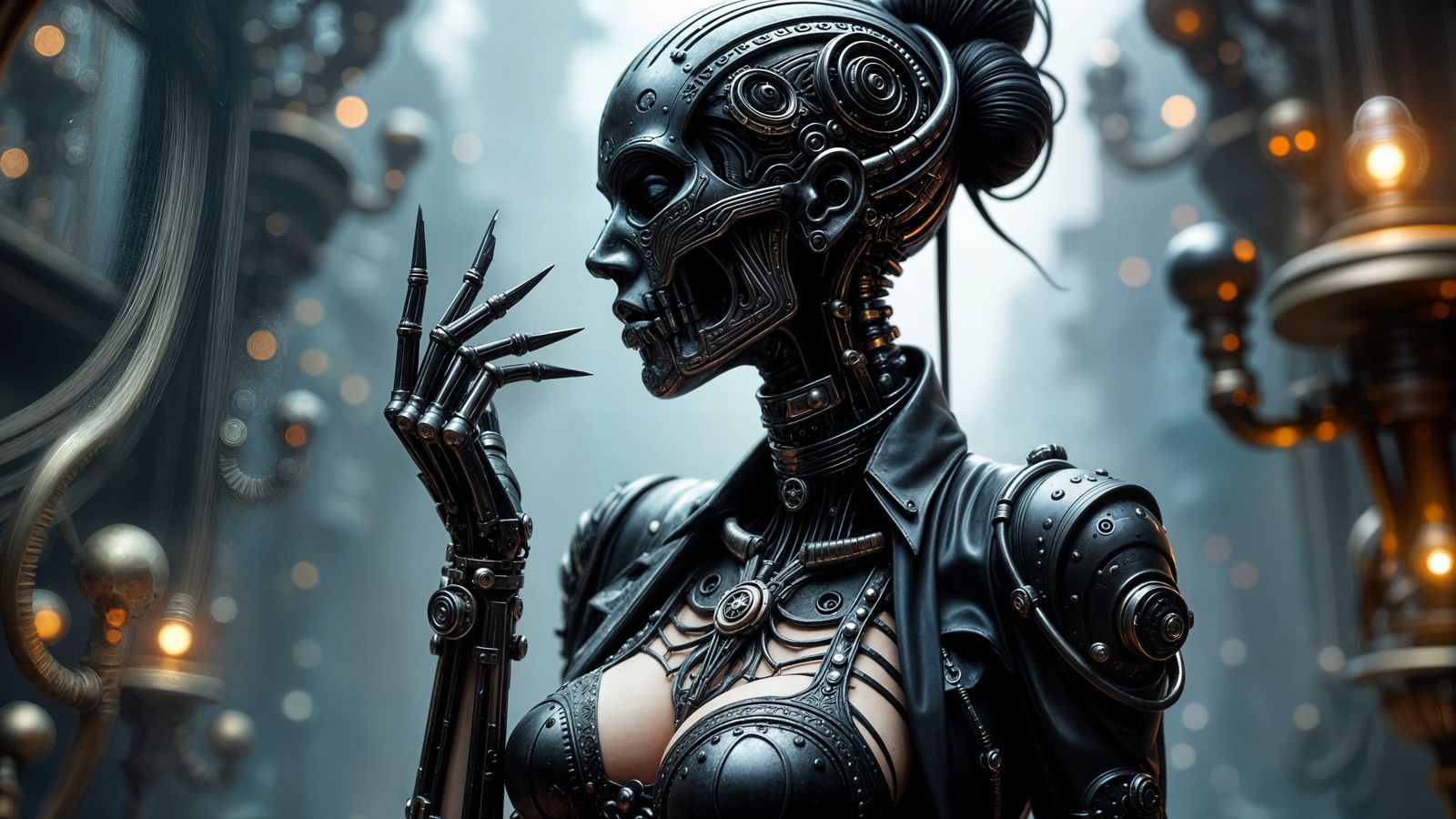 Skeletal Cyberpunk Goddess in Dark Steel Romantic Goth