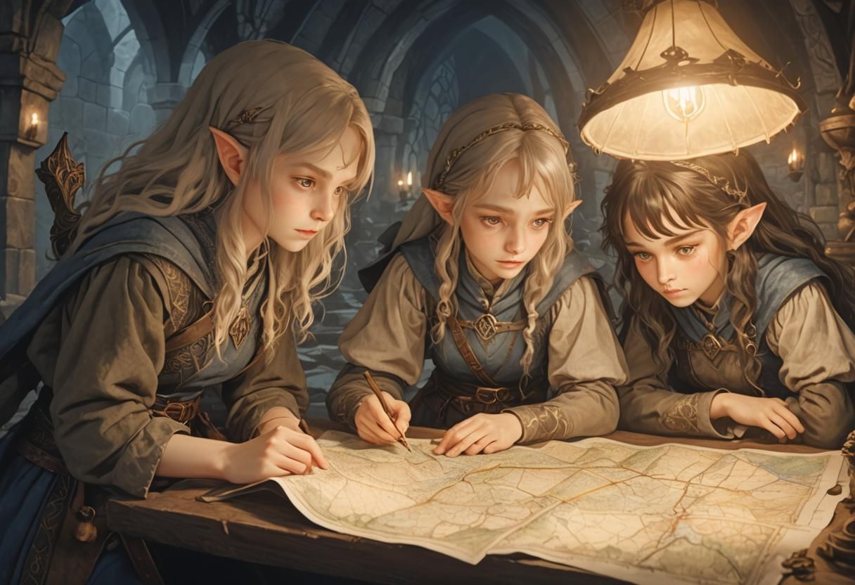 Elven Cartographers in Detailed Photorealistic Style