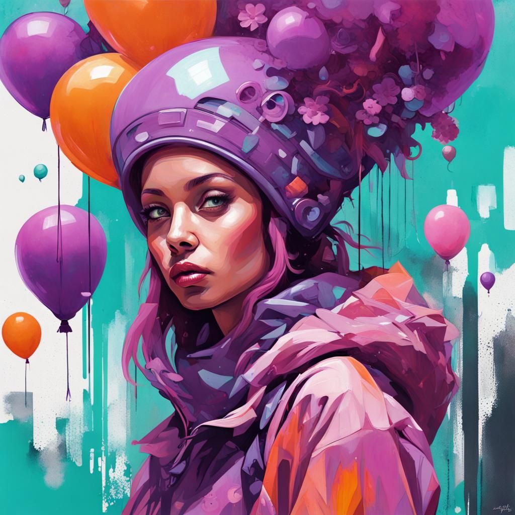 Girl with Balloons in Futuristic Graffiti Art Style