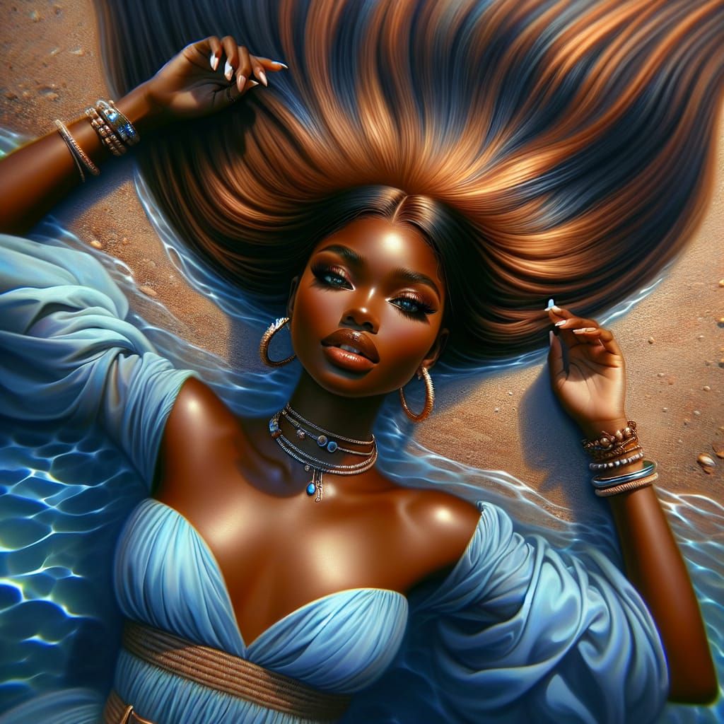 Dreamlike Oil Painting: African American Woman in Stream