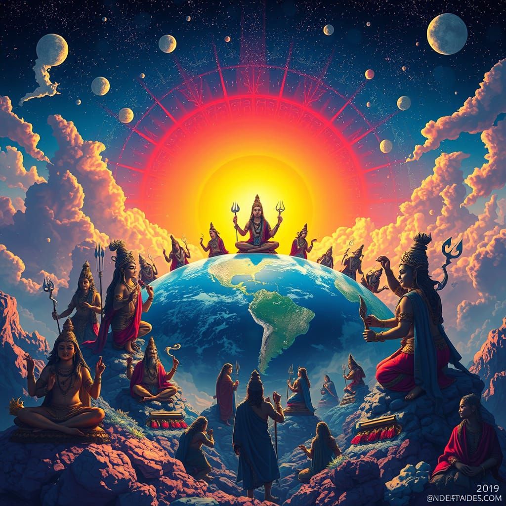 Hindu Gods Gathered on Earth in Surreal Digital Art