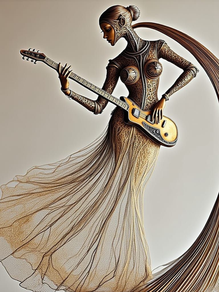 Gold Wire Sculpture of Woman Playing Guitar