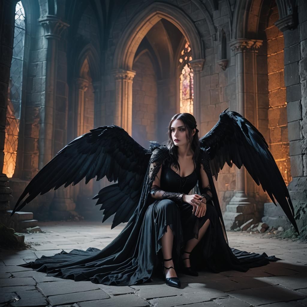 Gothic Woman with Wings in Dark Fantasy Style