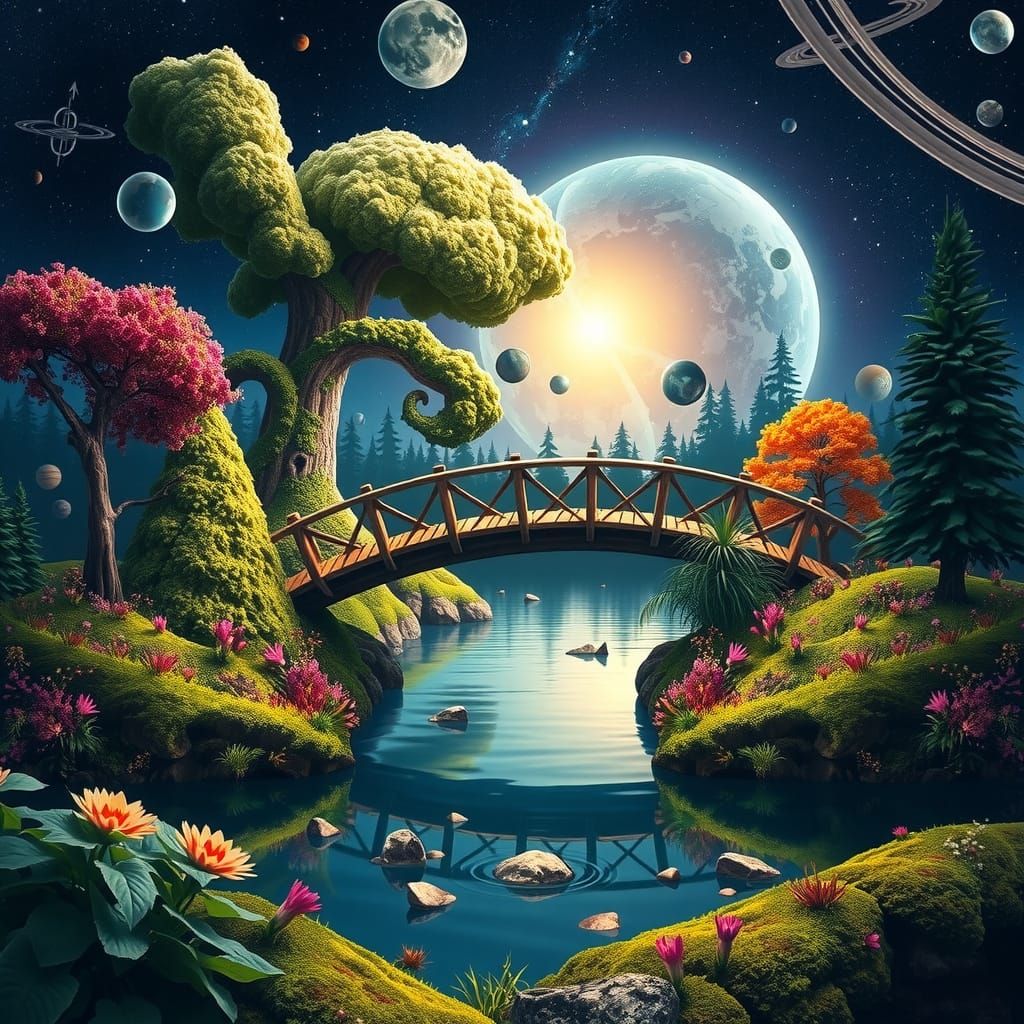 Vibrant Wooden Bridge in Cosmic Celestial Forest