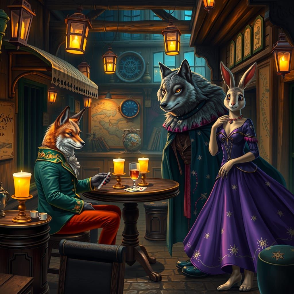 Cozy Tavern Scene with Dapper Animals in Golden Light