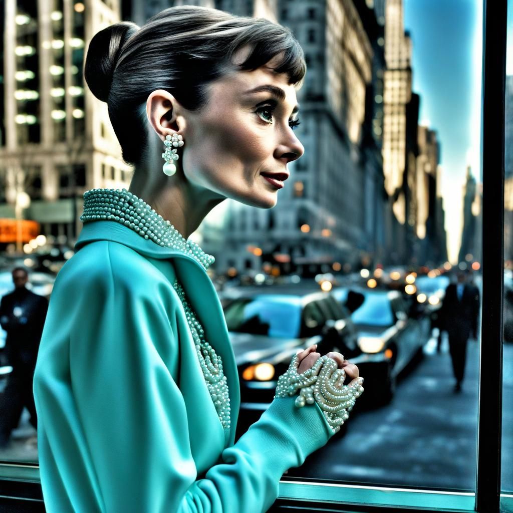 audrey hepburn in tiffany blue track suit with pearls on loo...
