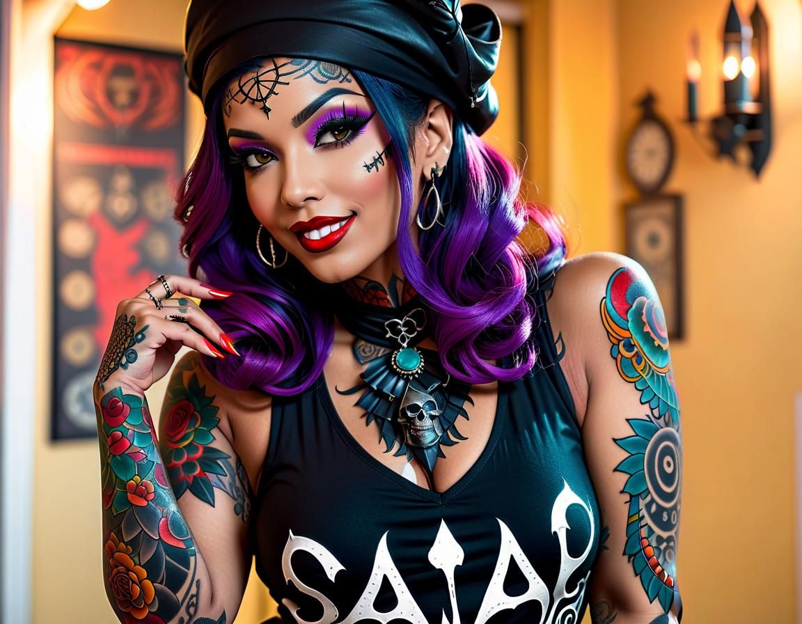 Latina Pinup with Macabre Tattoo in Hyperrealistic Style