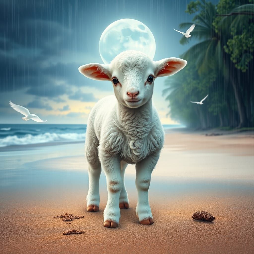 Dreamy Lamb on Moonlit Beach, Romantic Aesthetic