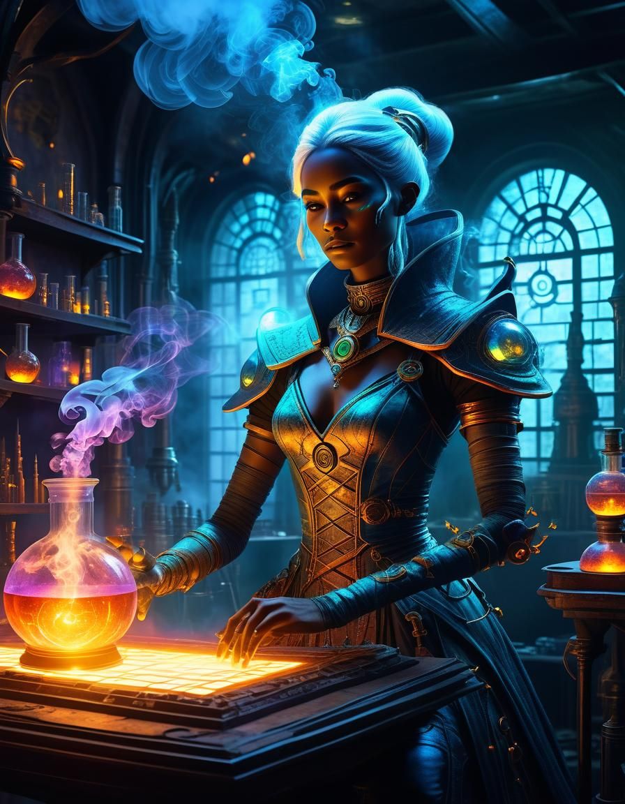 Biopunk Sorceress Working in Glowing Laboratory