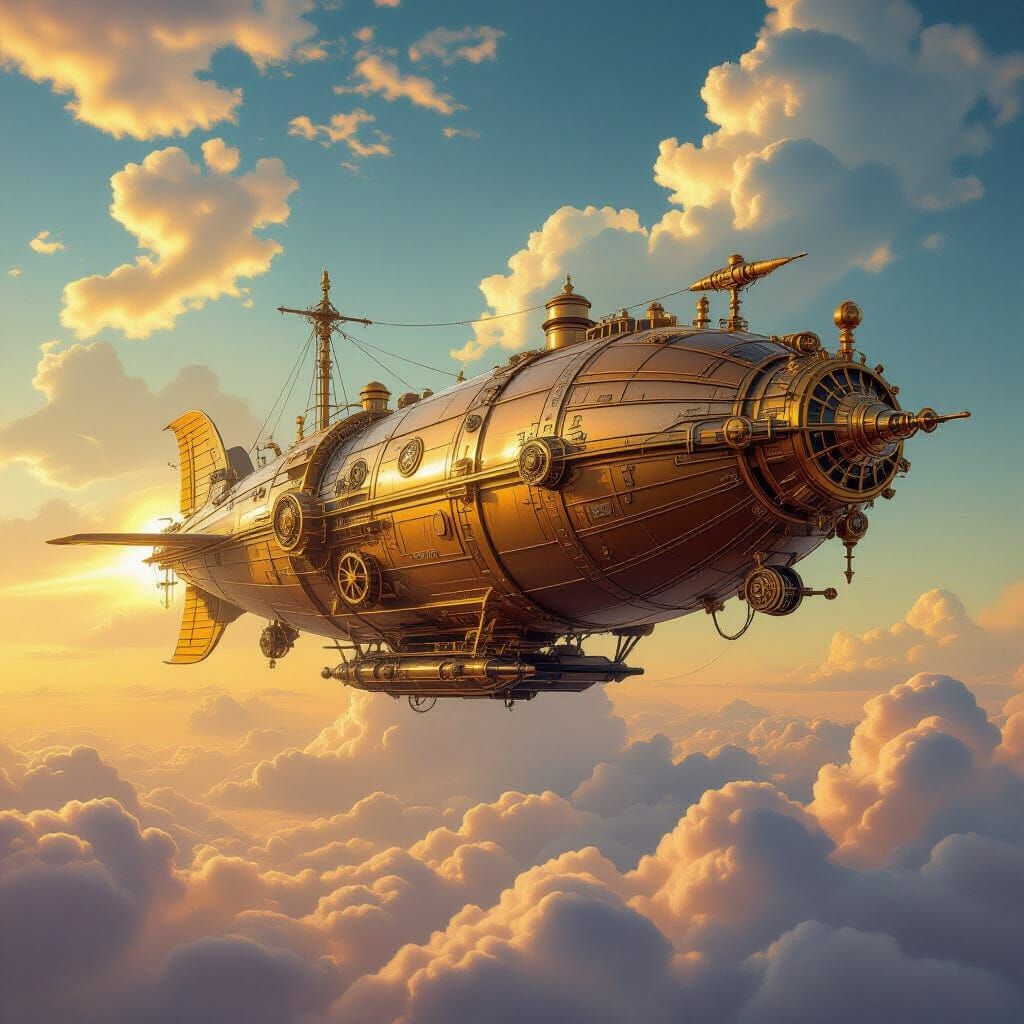 Steampunk Airship Soaring Through Golden Skies