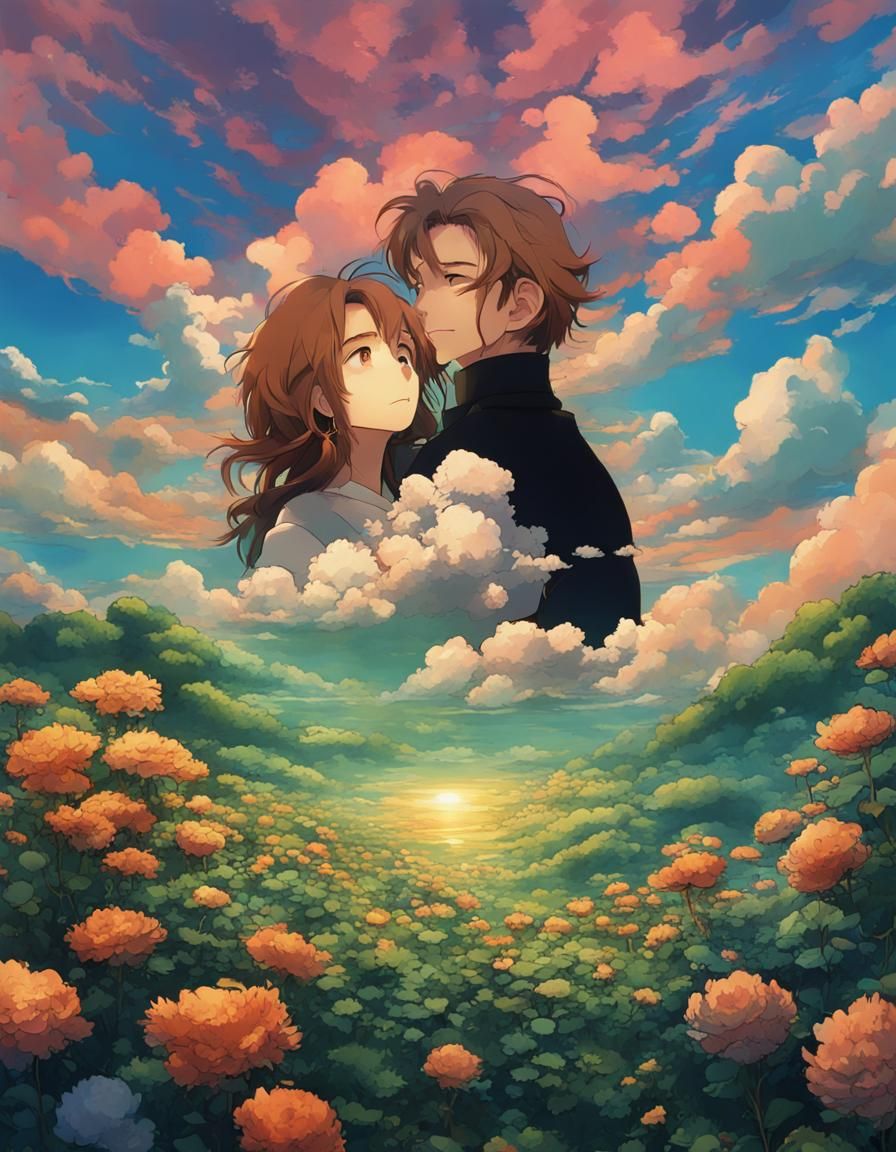 Couple in Ghibli Style Sunset with Flowers