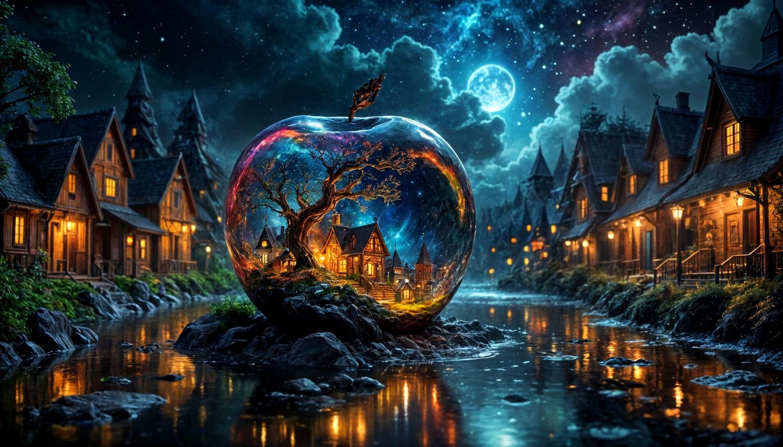 Crystal Apple Miniature Village in Fantasy Night Sky