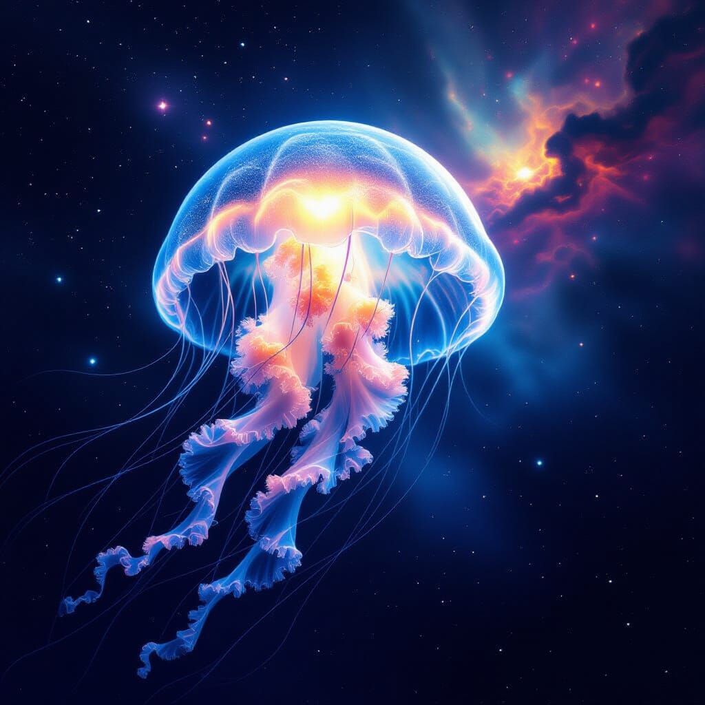 Bioluminescent Jellyfish in Cosmic Nebula