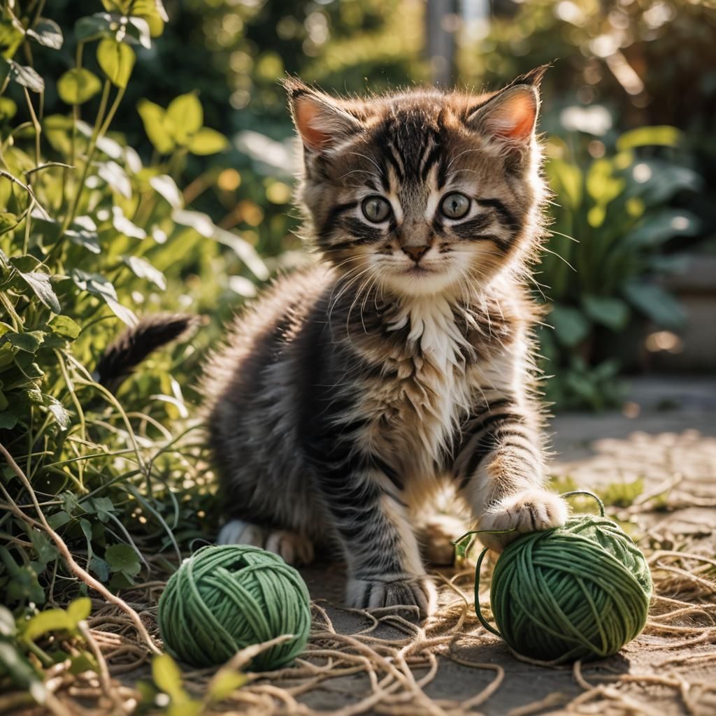 Kitten Playing with Yarn: High-Contrast Portrait