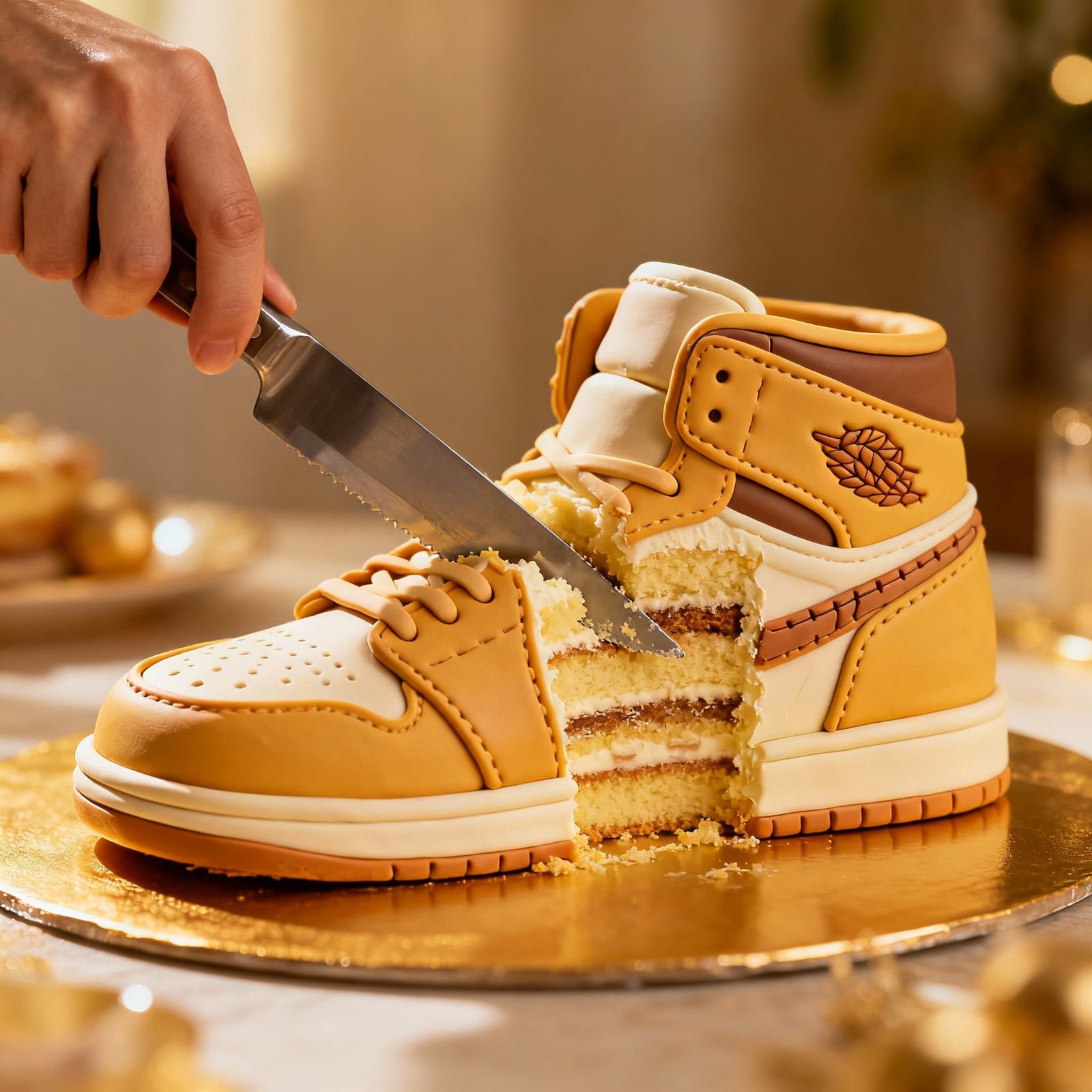 Shoe-Shaped Cake Being Sliced