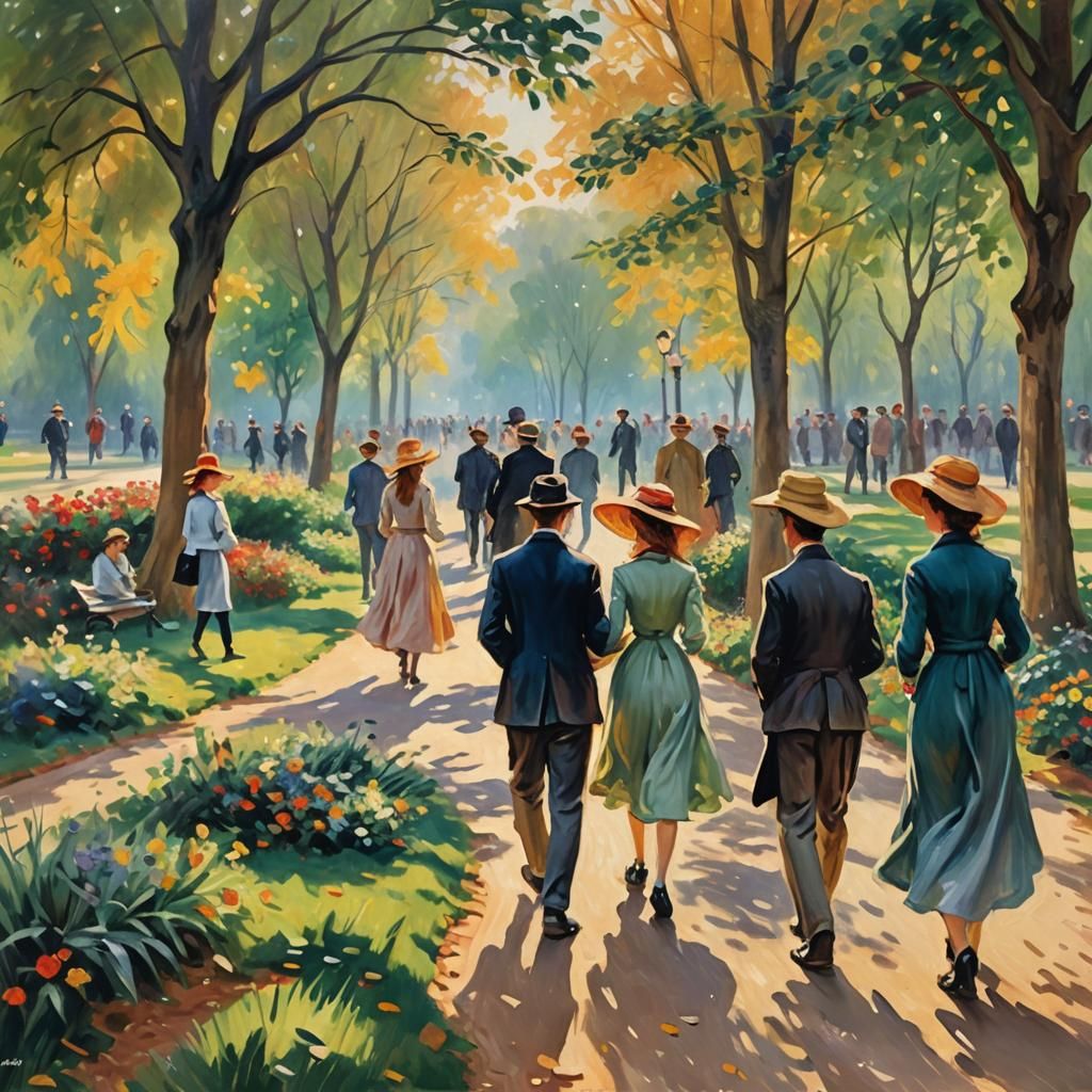 People in Park: Impressionist Oil Painting