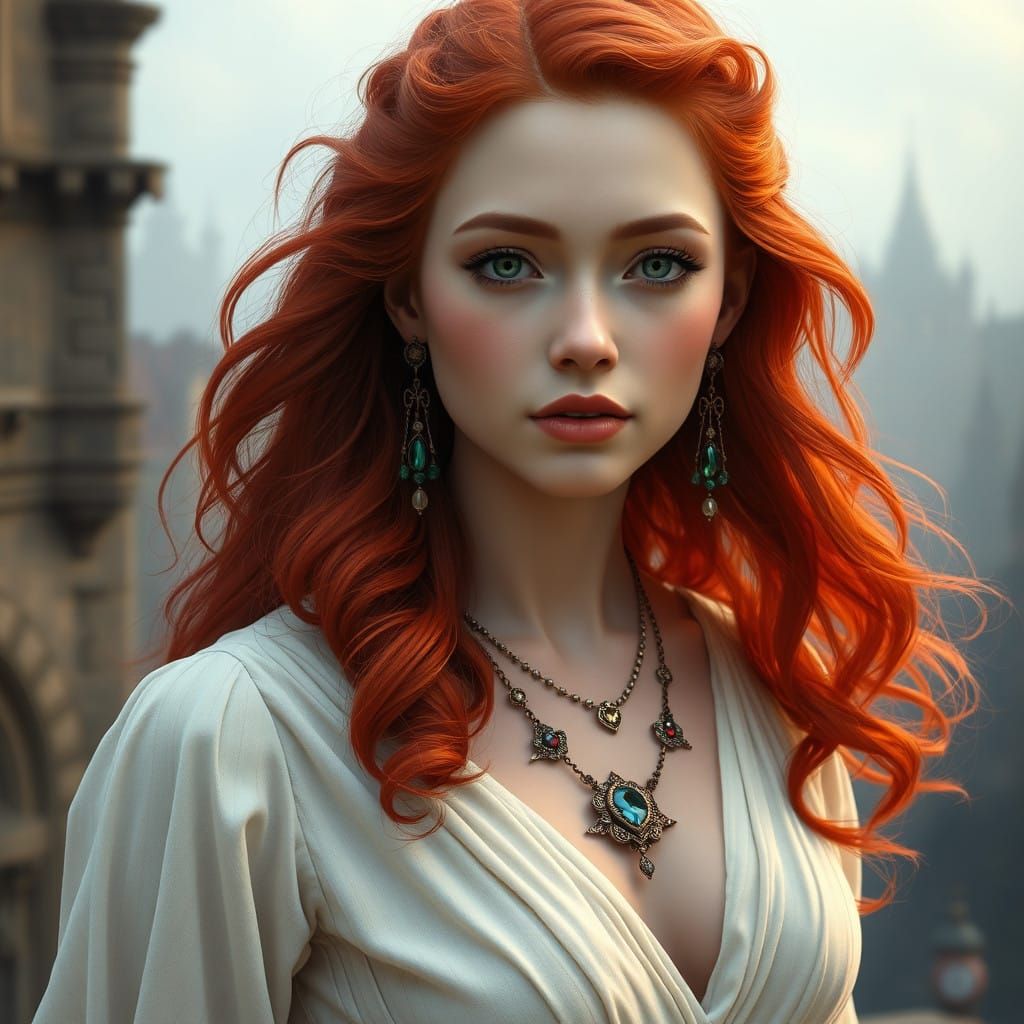 Young Woman with Fiery Red Hair and Elegant Gown in Dreamy C...