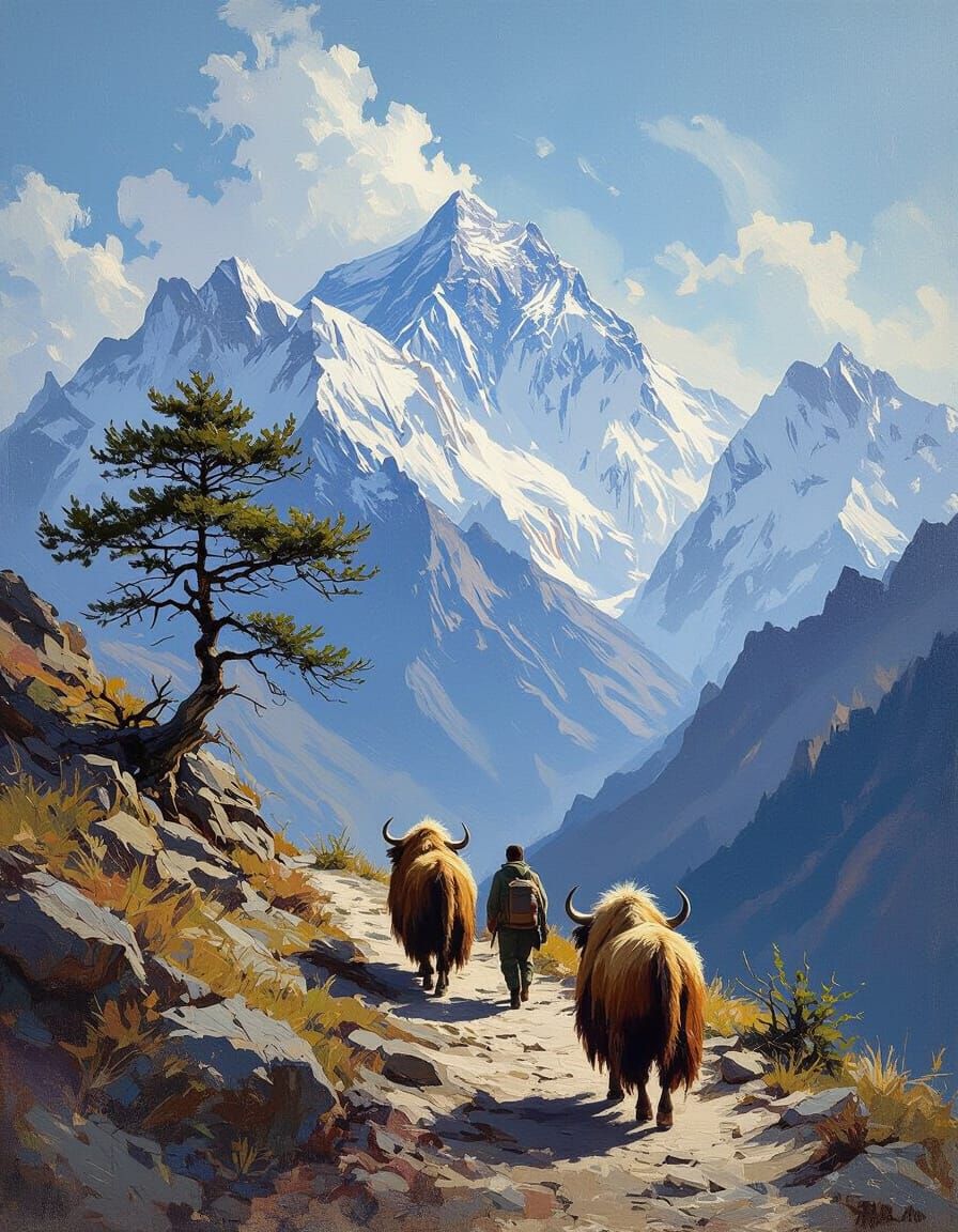 Himalayan Trek: Yaks and Porter Climb Towards Everest