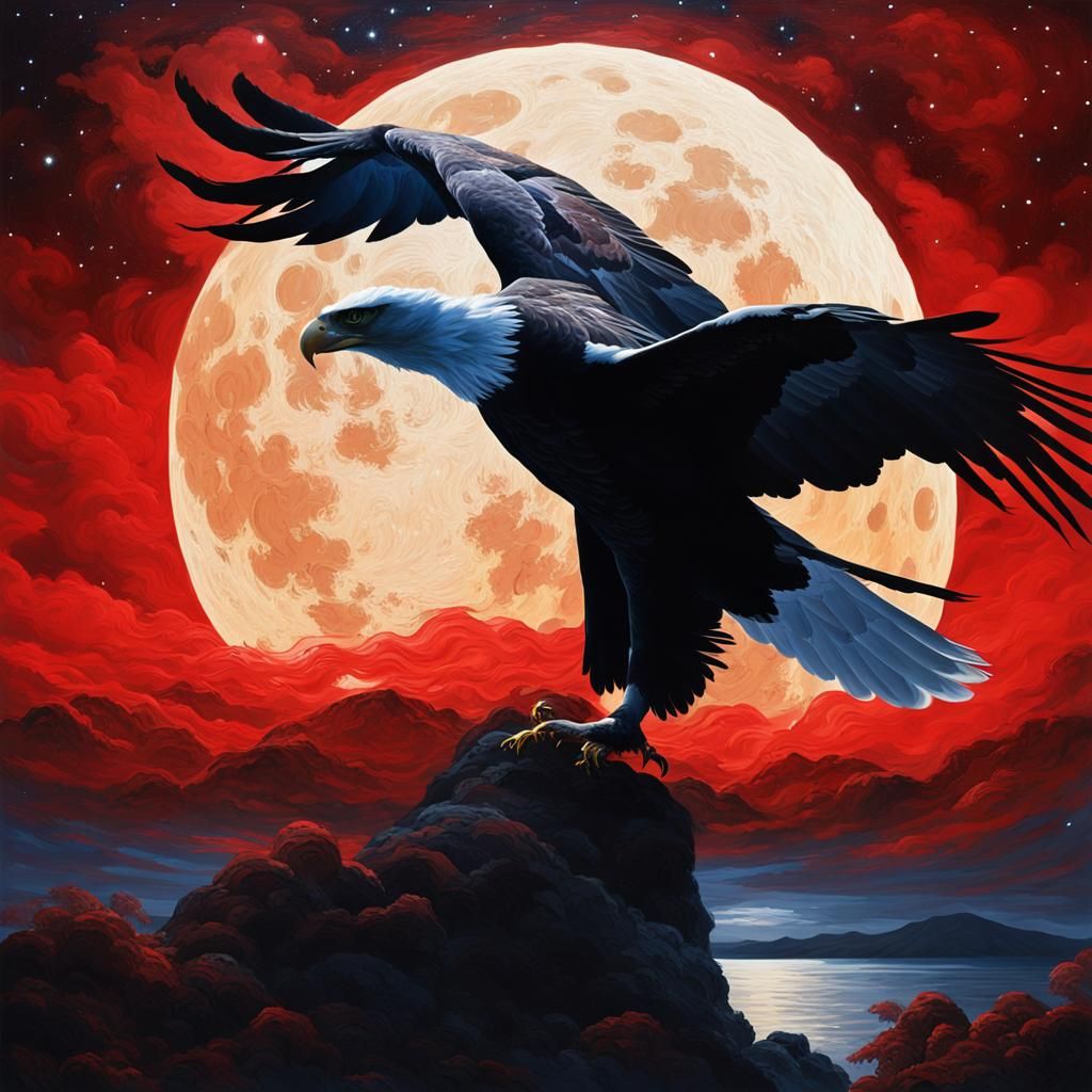 Sea Eagle Silhouette Against Blood Red Moon