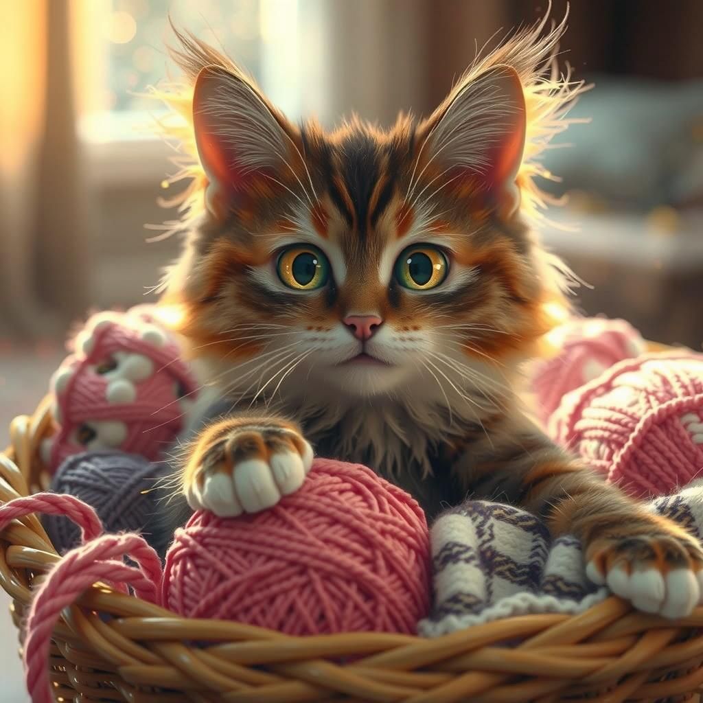 Cute Calico Cat Plays with Yarn, 3D Render