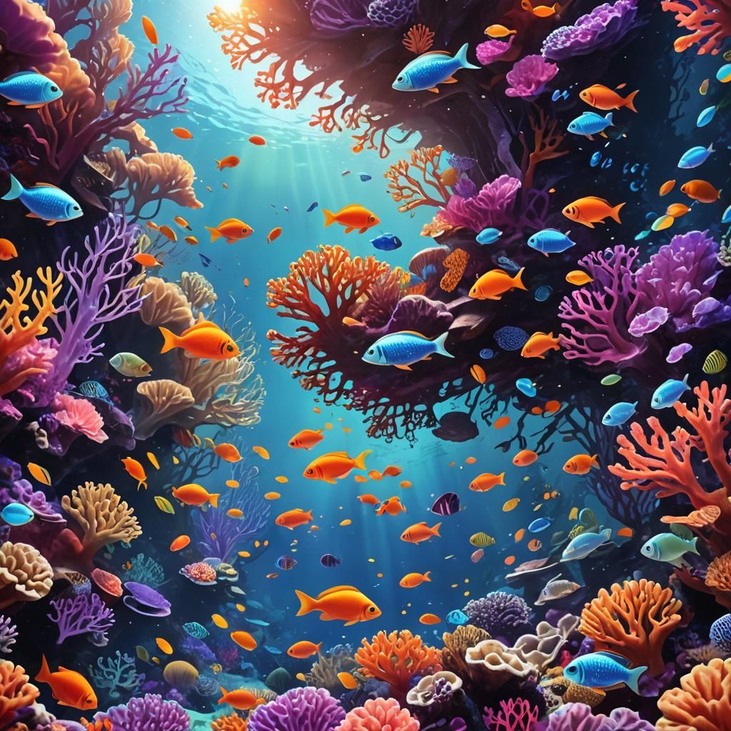 Vibrant Coral Reef with Iridescent Fish: Digital Painting