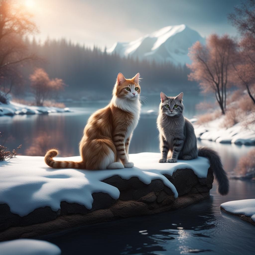 Cats Near Winter River in Detailed Digital Painting