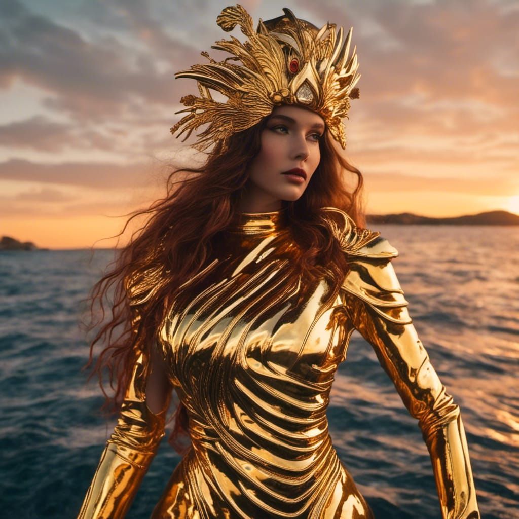 Woman in Gold Dress at Sunrise
