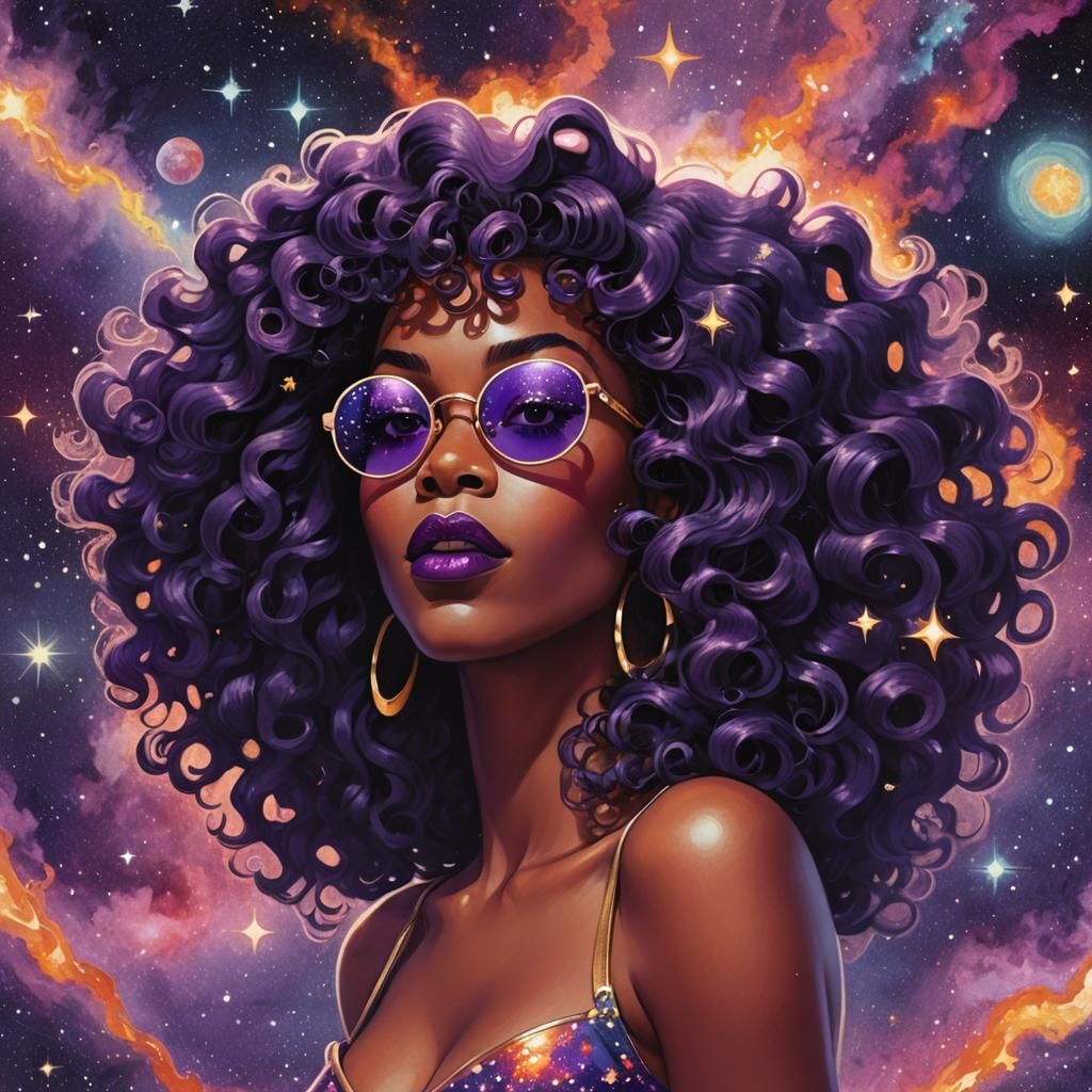 illustration of a black woman pin up, long purple curly hair...