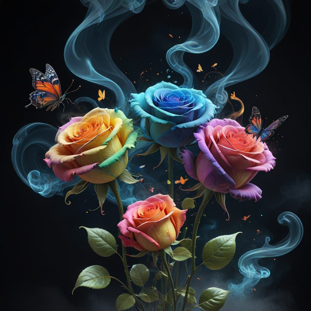 Rainbow Smoke Butterflies and Roses in 3D Render