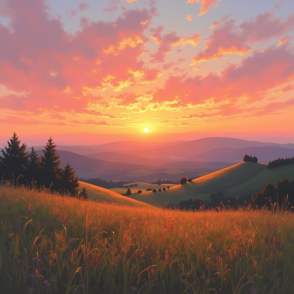 Impressionist Sunset Landscape with Dreamy Light