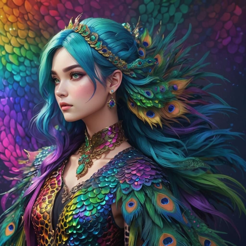 Rainbow Dragon Woman: 3D Digital Art Portrait
