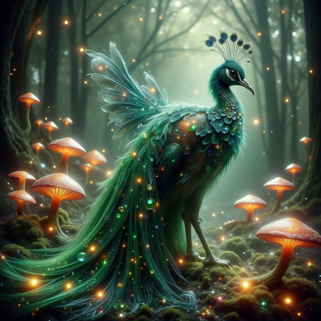 Mystical Peacock in Enchanted Forest, Illustrative Art