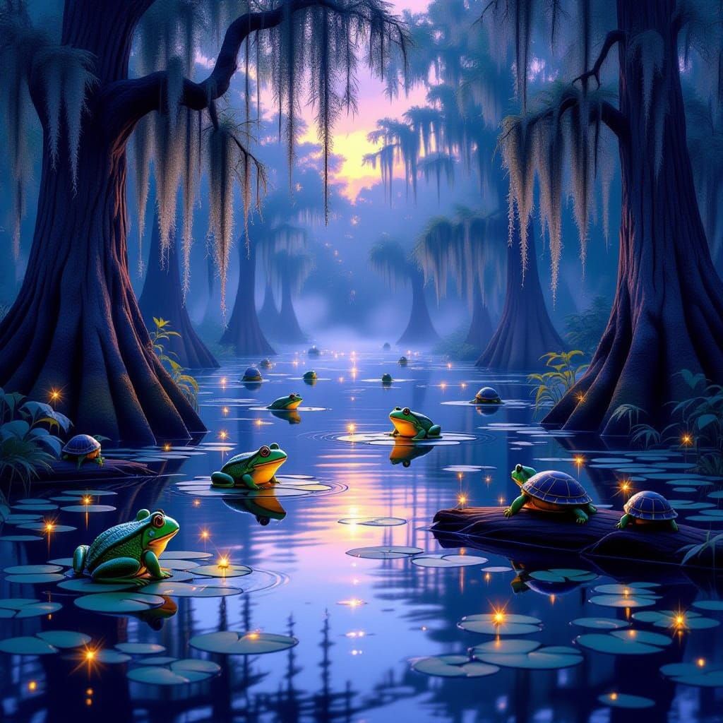 Enchanted Cypress Swamp at Dusk in CGI Style