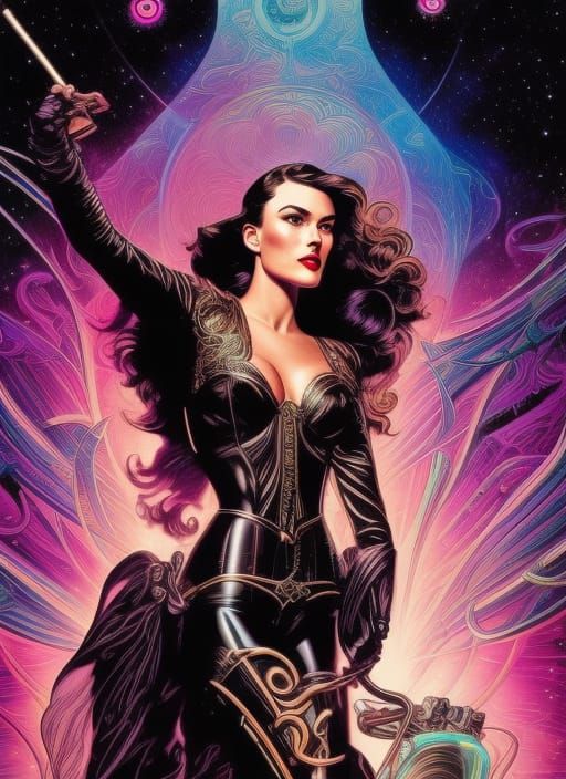 Psychedelic Pin-Up Girl in Art Nouveau Style