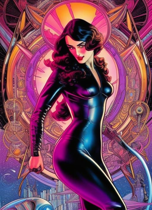 Psychedelic Pin-Up Girl in Art Nouveau Style