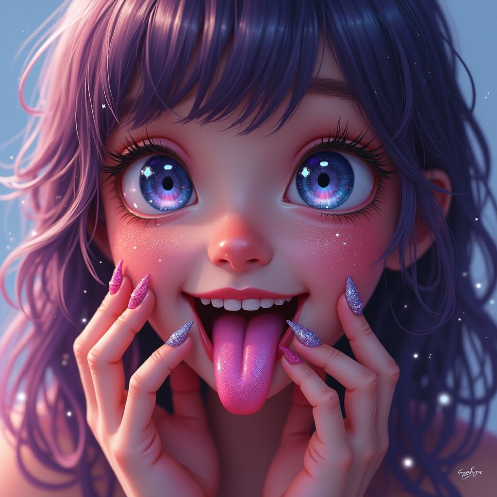 Whimsical Woman with Galaxy Nails, Digital Art